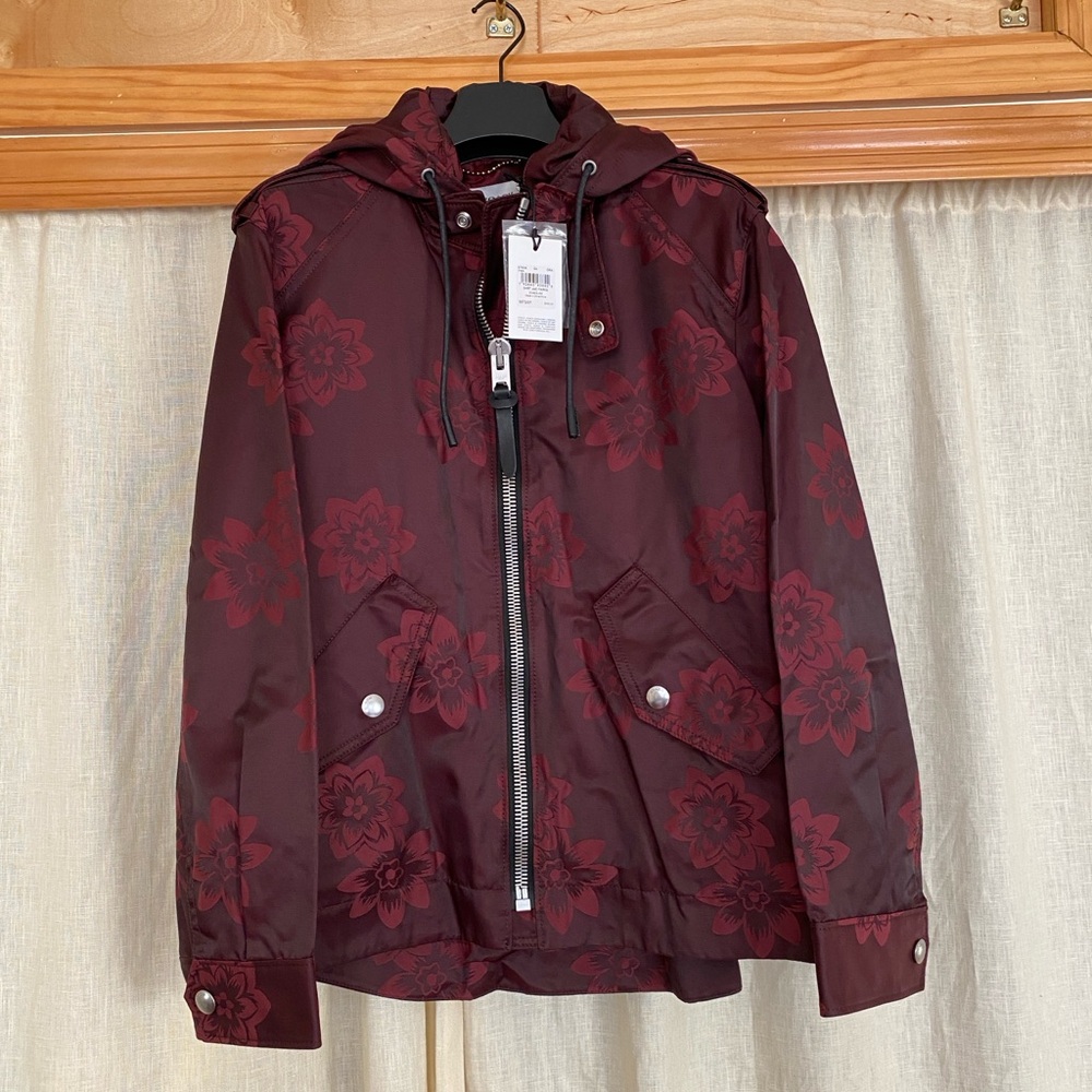 COACH Burgundy Floral Jacquard Leather Trim Jacket NWT Size 4